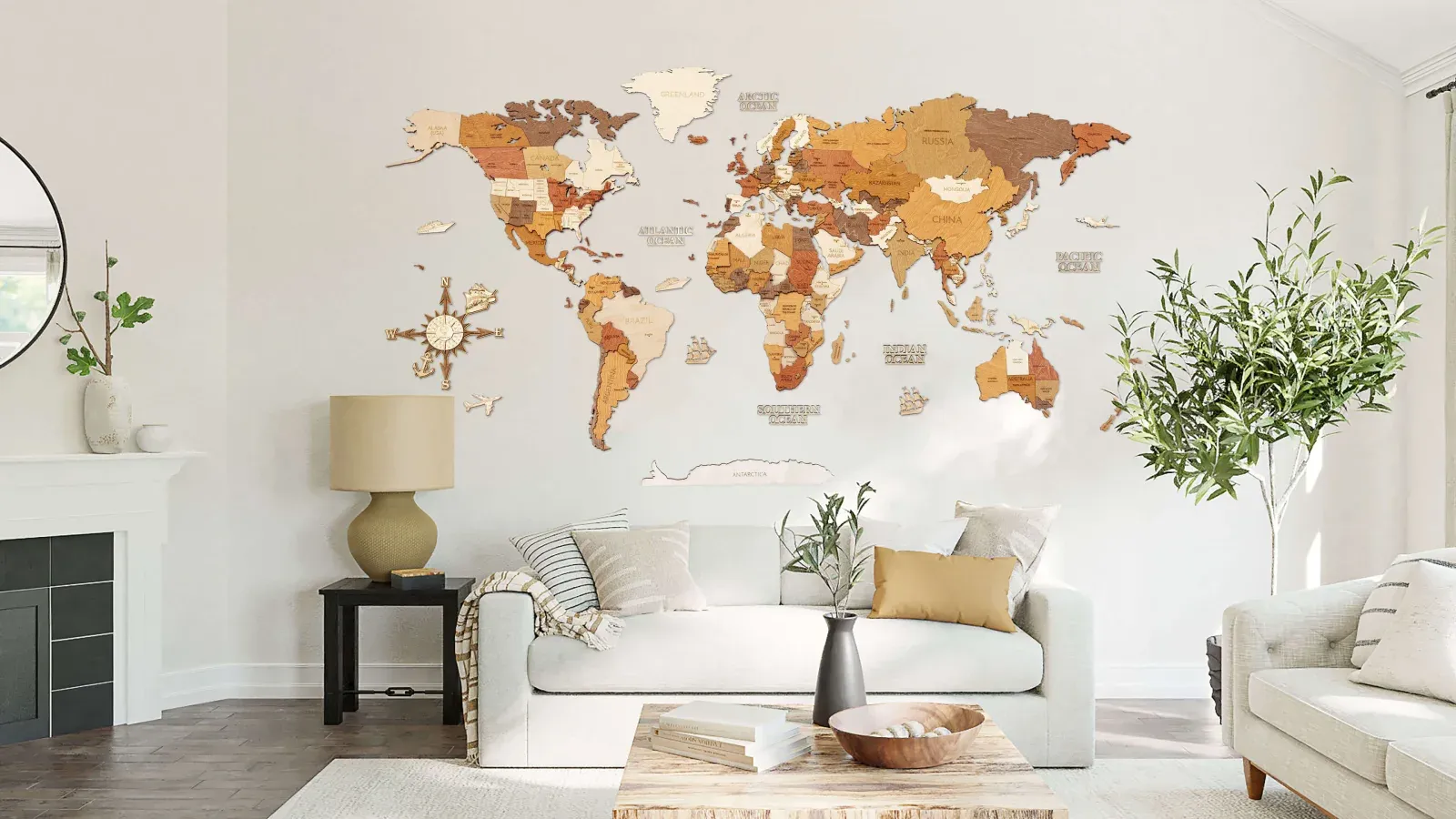 Manufacturer image used for editorial comparison; source and rights metadata retained in the image library. A wooden world map above a sofa showing how the complete display fits the furniture