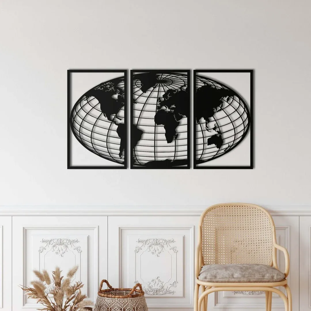 Black steel globe map in three panels casting shadows above a sideboard
