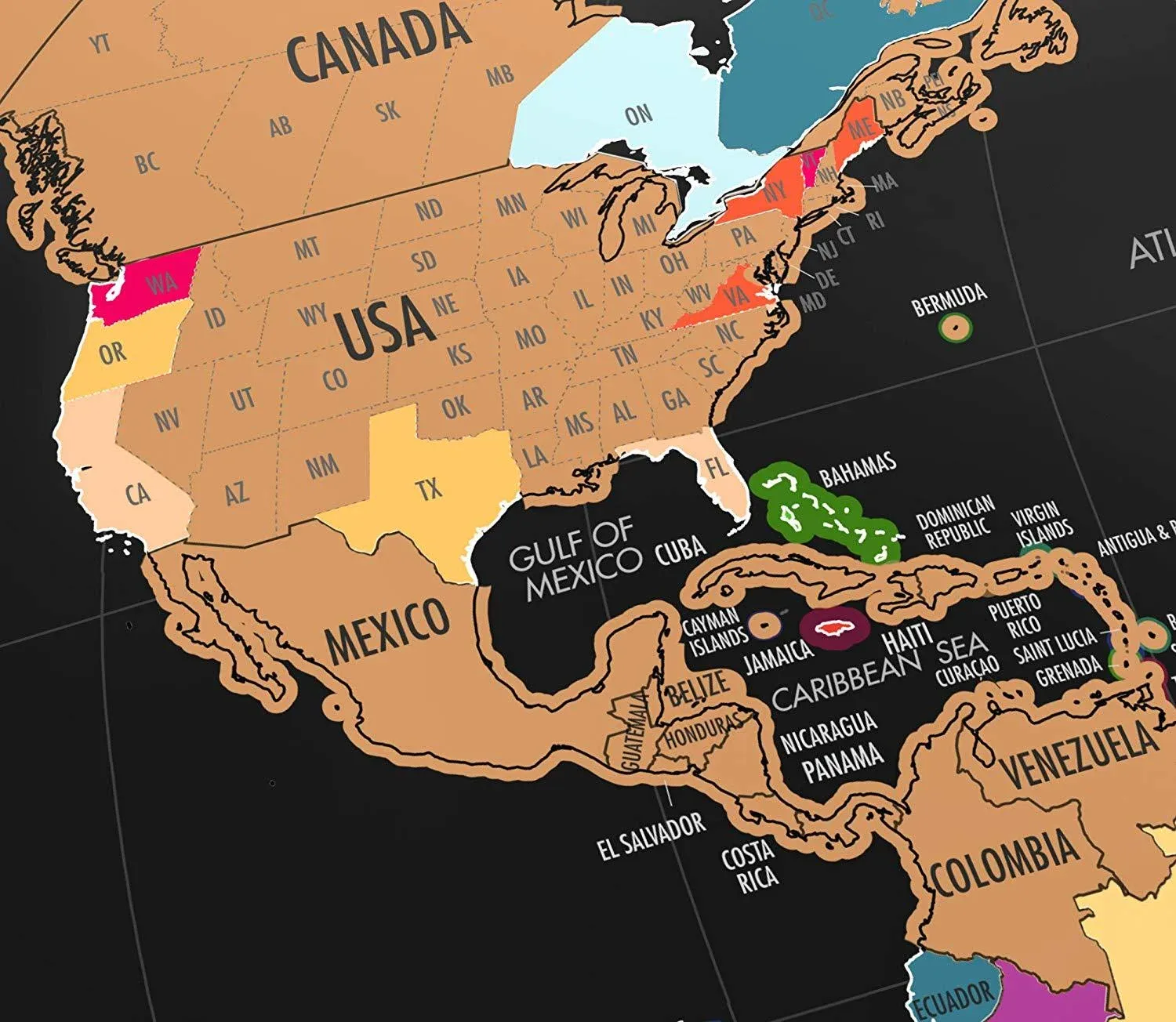 Close-up of a Landmass scratch map showing gold foil and colored revealed areas in North America