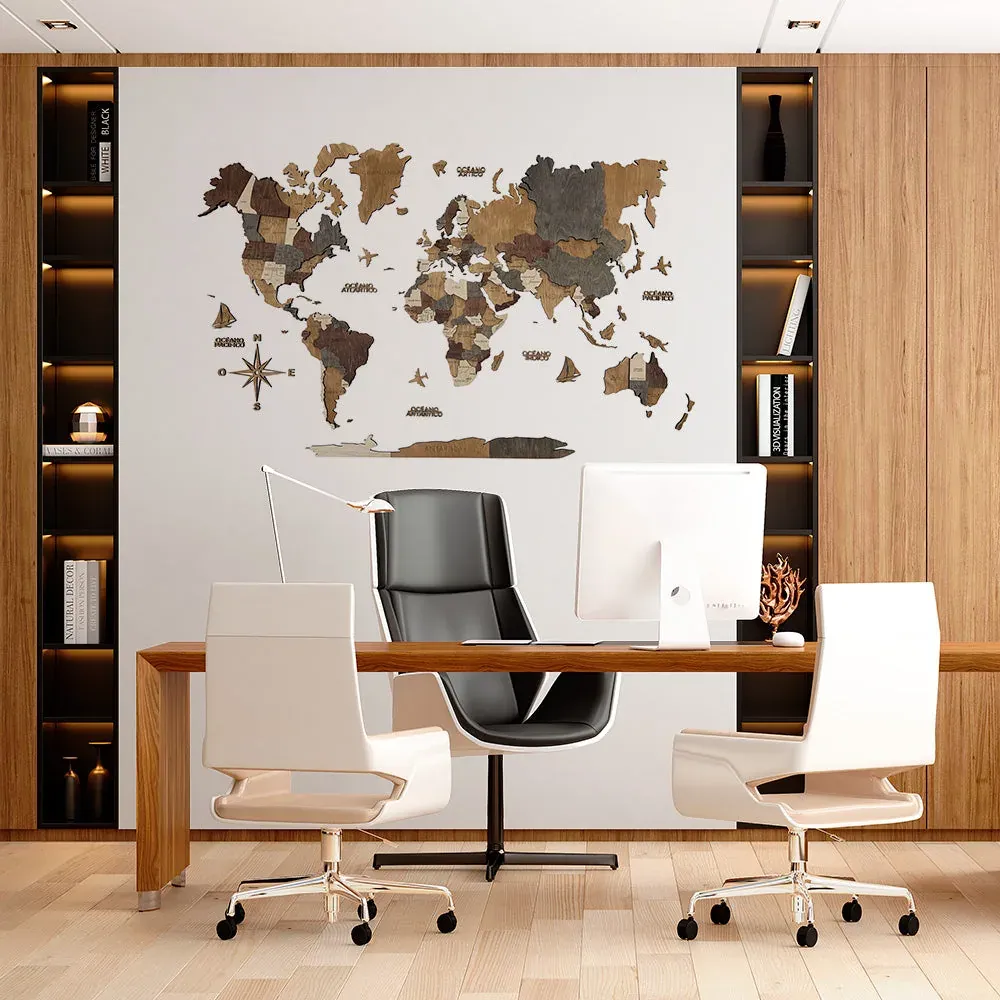 Multitone WeLoveCut wooden world map installed between illuminated shelves above an office desk