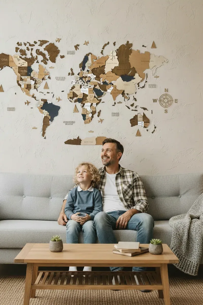 Coffee-toned WoodLeo wooden world map installed above a sofa with an adult and child seated below